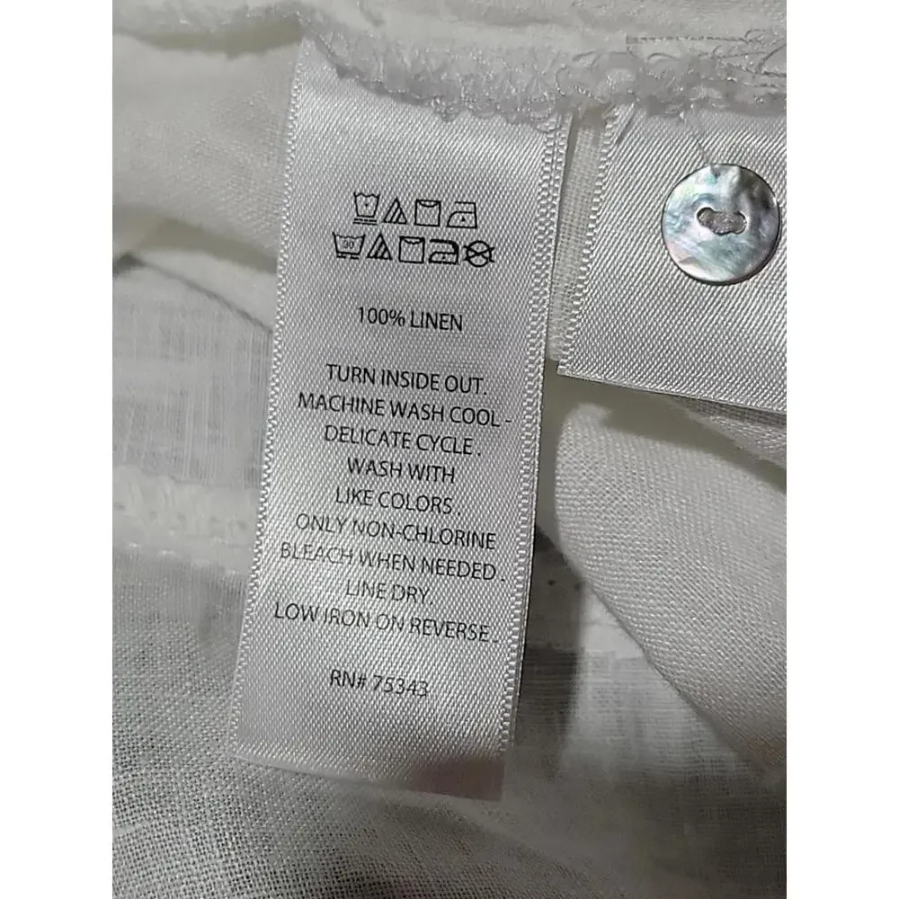 Tahari 100% Linen White Size M Roll-tab Sleeves Button Down Shirt Tunic Top #C - Picture 10 of 12